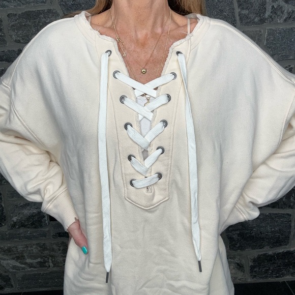 Aerie Oversized Lace Up Crew Sweatshirt in color Cream, size Large - Picture 3 of 15